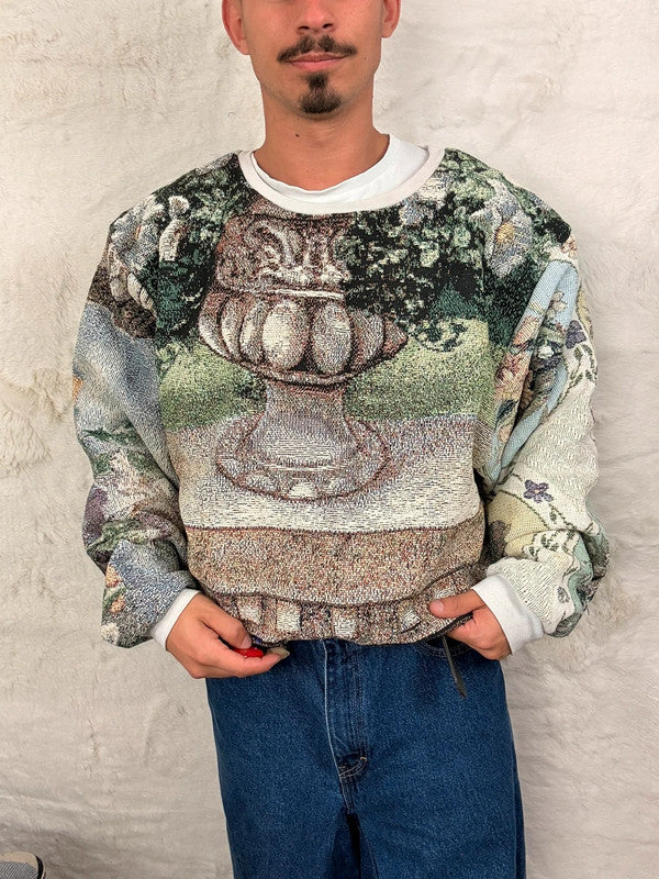 Sweat crewneck en tapisserie ample unisexe unique fait main upcyclé tissé taille XL n•1059