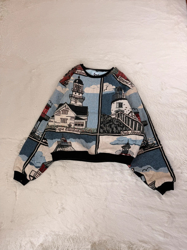 Sweat crewneck en tapisserie ample boxy unisexe unique fait main upcyclé tissé taille M n•1060