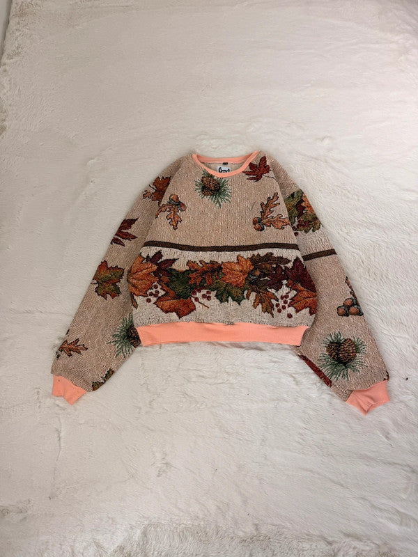 Sweat crewneck en tapisserie ample boxy unisexe unique fait main upcyclé tissé taille XS n•1061