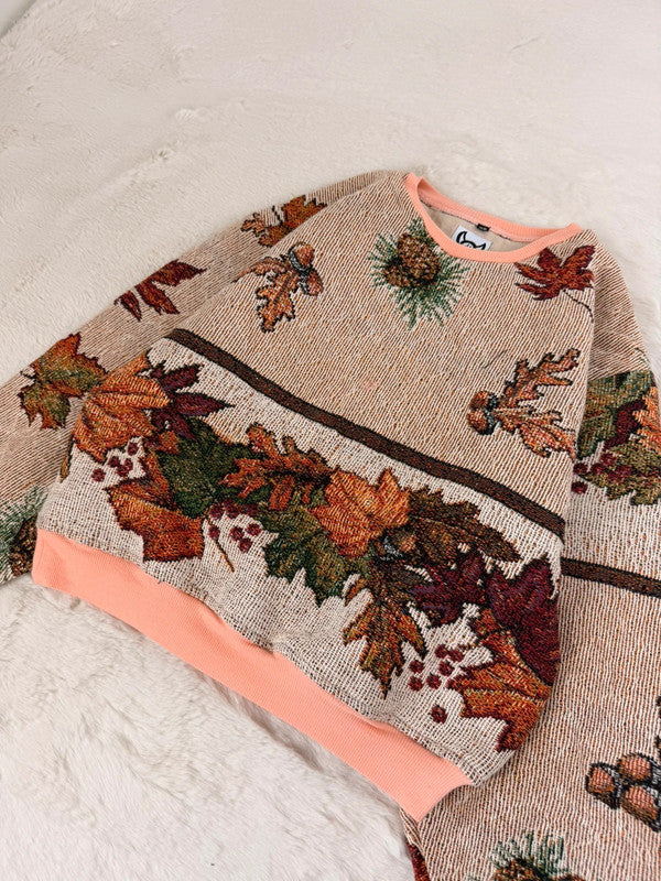 Sweat crewneck en tapisserie ample boxy unisexe unique fait main upcyclé tissé taille XS n•1061