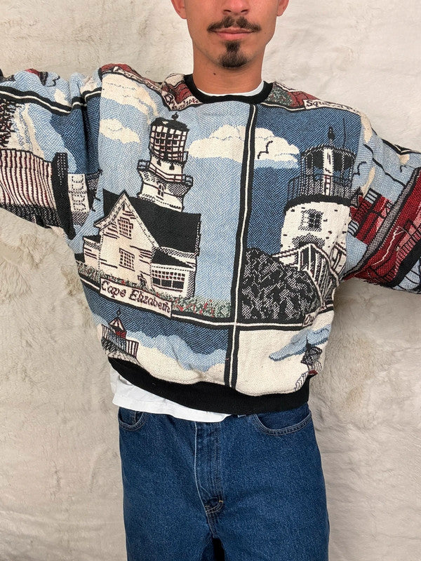 Sweat crewneck en tapisserie ample boxy unisexe unique fait main upcyclé tissé taille M n•1060