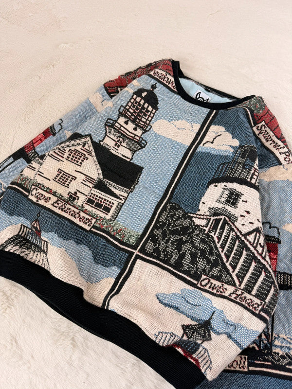 Sweat crewneck en tapisserie ample boxy unisexe unique fait main upcyclé tissé taille M n•1060