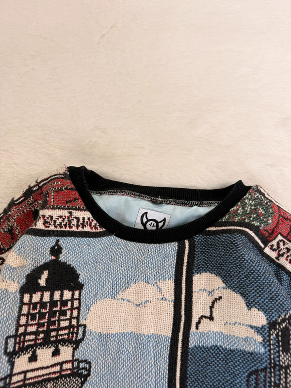 Sweat crewneck en tapisserie ample boxy unisexe unique fait main upcyclé tissé taille M n•1060