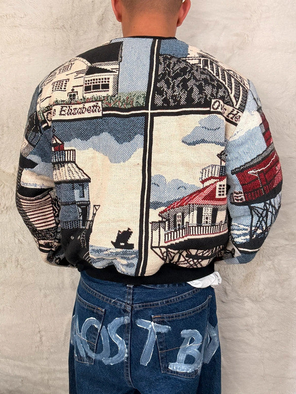 Sweat crewneck en tapisserie ample boxy unisexe unique fait main upcyclé tissé taille M n•1060