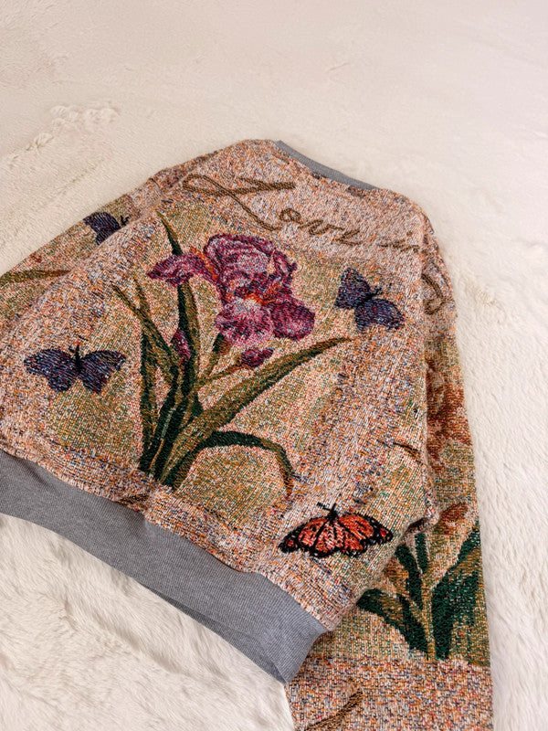 Sweat crewneck en tapisserie ample boxy unisexe unique fait main upcyclé tissé taille XS n•1062