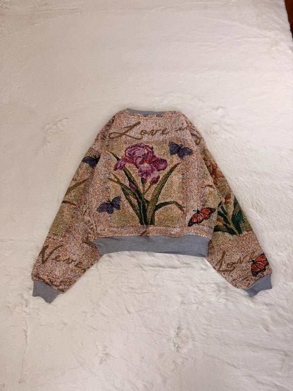 Sweat crewneck en tapisserie ample boxy unisexe unique fait main upcyclé tissé taille XS n•1062