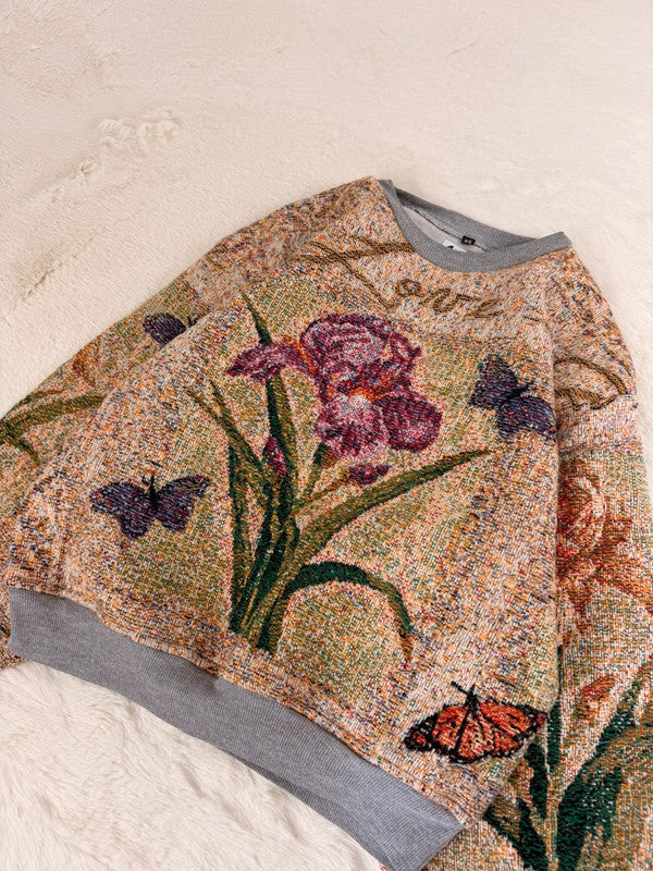 Sweat crewneck en tapisserie ample boxy unisexe unique fait main upcyclé tissé taille XS n•1062
