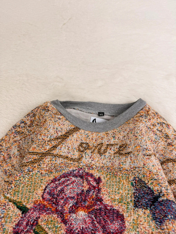 Sweat crewneck en tapisserie ample boxy unisexe unique fait main upcyclé tissé taille XS n•1062