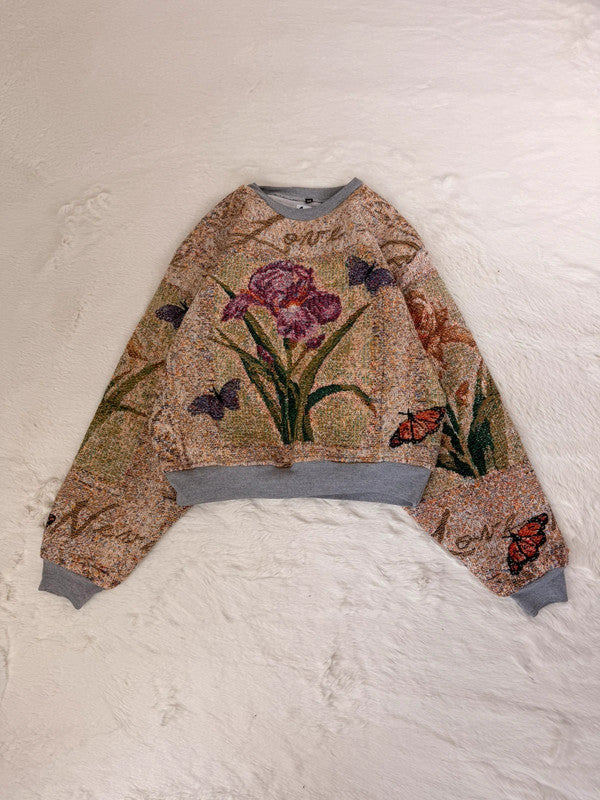Sweat crewneck en tapisserie ample boxy unisexe unique fait main upcyclé tissé taille XS n•1062