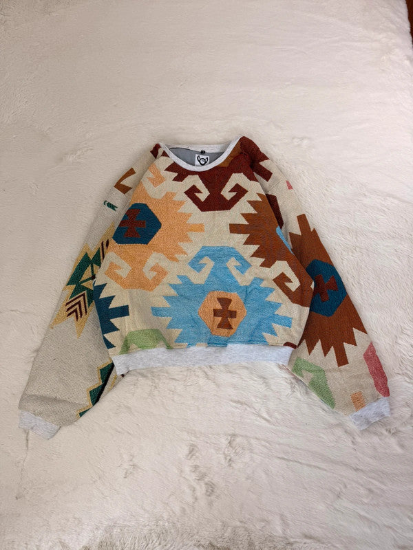 Sweat crewneck en tapisserie ample boxy unisexe unique fait main upcyclé tissé taille L n•1064