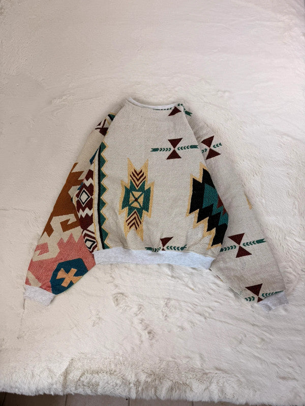 Sweat crewneck en tapisserie ample boxy unisexe unique fait main upcyclé tissé taille L n•1064