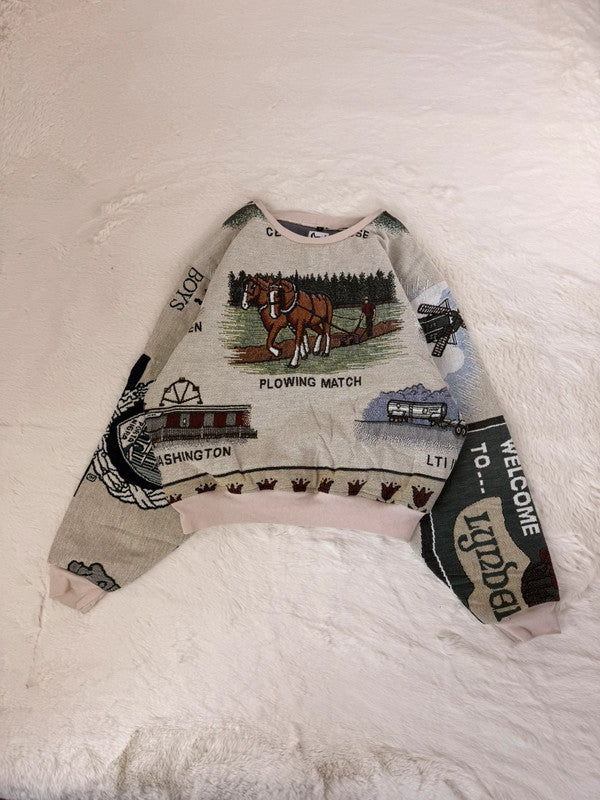 Sweat crewneck en tapisserie ample boxy unisexe unique fait main upcyclé tissé taille L n•1065