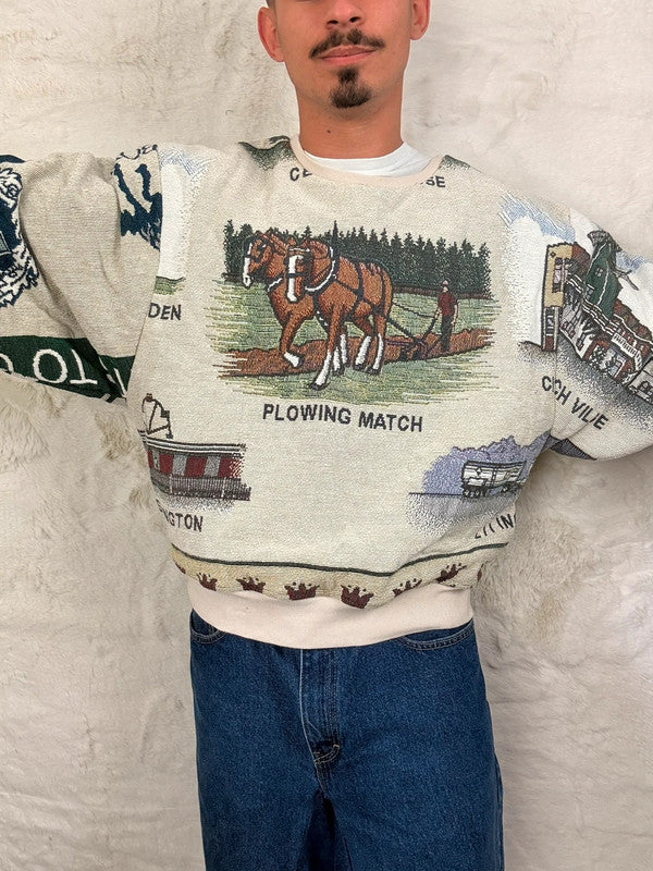 Sweat crewneck en tapisserie ample boxy unisexe unique fait main upcyclé tissé taille L n•1065