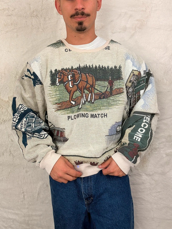 Sweat crewneck en tapisserie ample boxy unisexe unique fait main upcyclé tissé taille L n•1065