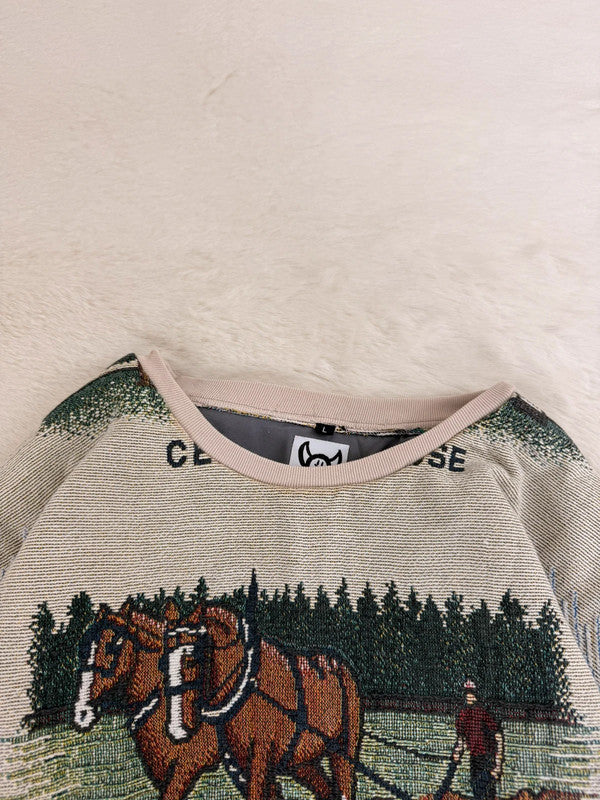 Sweat crewneck en tapisserie ample boxy unisexe unique fait main upcyclé tissé taille L n•1065