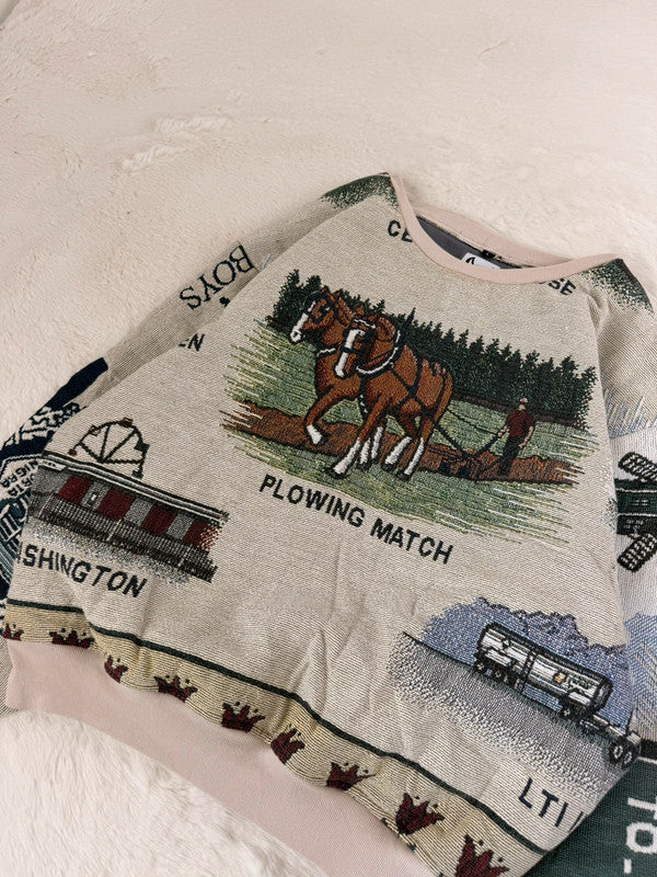 Sweat crewneck en tapisserie ample boxy unisexe unique fait main upcyclé tissé taille L n•1065