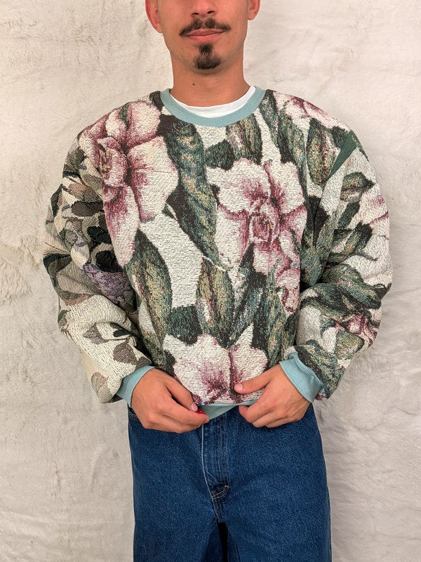 Sweat crewneck en tapisserie ample boxy unisexe unique fait main upcyclé tissé taille M n•1067