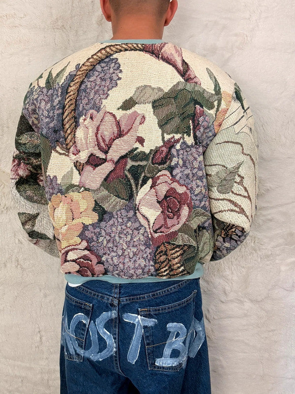 Sweat crewneck en tapisserie ample boxy unisexe unique fait main upcyclé tissé taille M n•1067