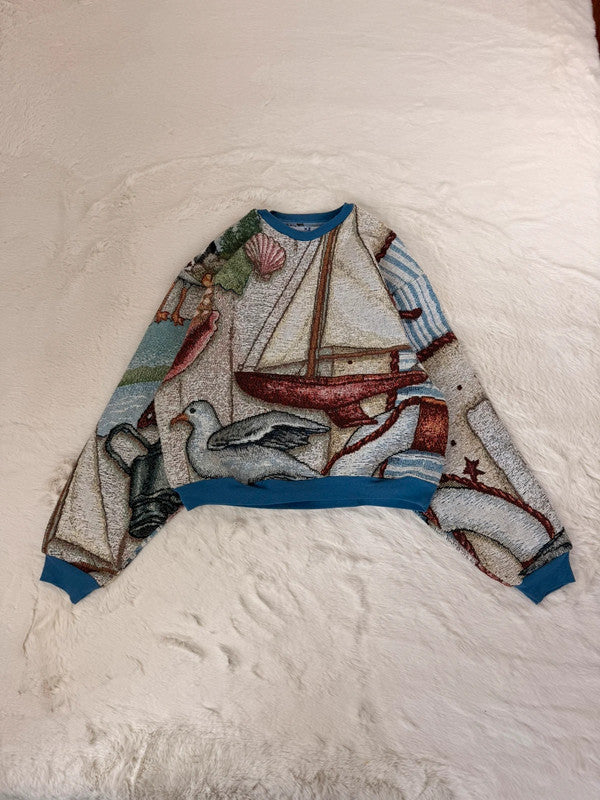 Sweat crewneck en tapisserie ample boxy unisexe unique fait main upcyclé tissé taille XS n•1070