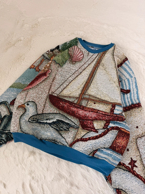 Sweat crewneck en tapisserie ample boxy unisexe unique fait main upcyclé tissé taille XS n•1070