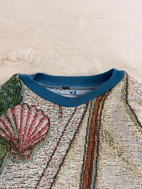 Sweat crewneck en tapisserie ample boxy unisexe unique fait main upcyclé tissé taille XS n•1070