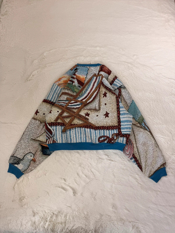 Sweat crewneck en tapisserie ample boxy unisexe unique fait main upcyclé tissé taille XS n•1070