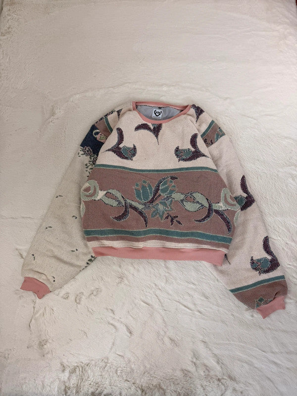 Sweat crewneck en tapisserie ample boxy unisexe unique fait main upcyclé tissé taille XL n•1072