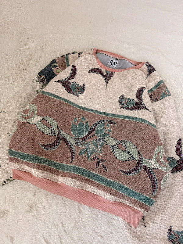 Sweat crewneck en tapisserie ample boxy unisexe unique fait main upcyclé tissé taille XL n•1072