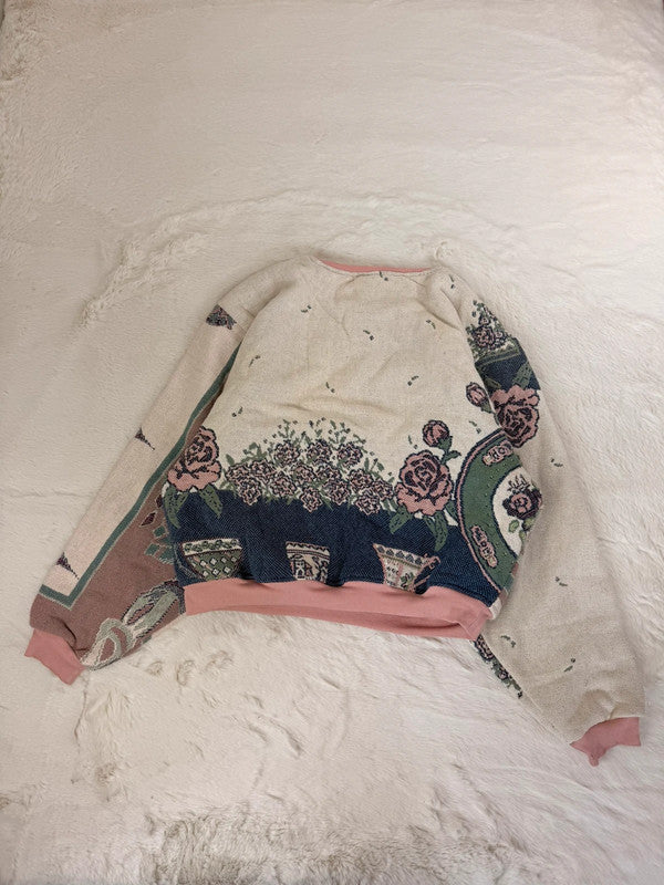 Sweat crewneck en tapisserie ample boxy unisexe unique fait main upcyclé tissé taille XL n•1072