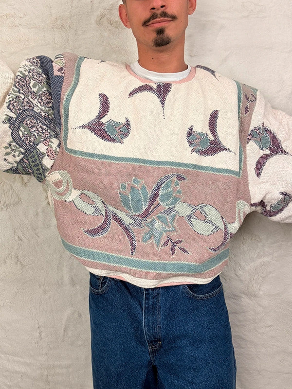 Sweat crewneck en tapisserie ample boxy unisexe unique fait main upcyclé tissé taille XL n•1072