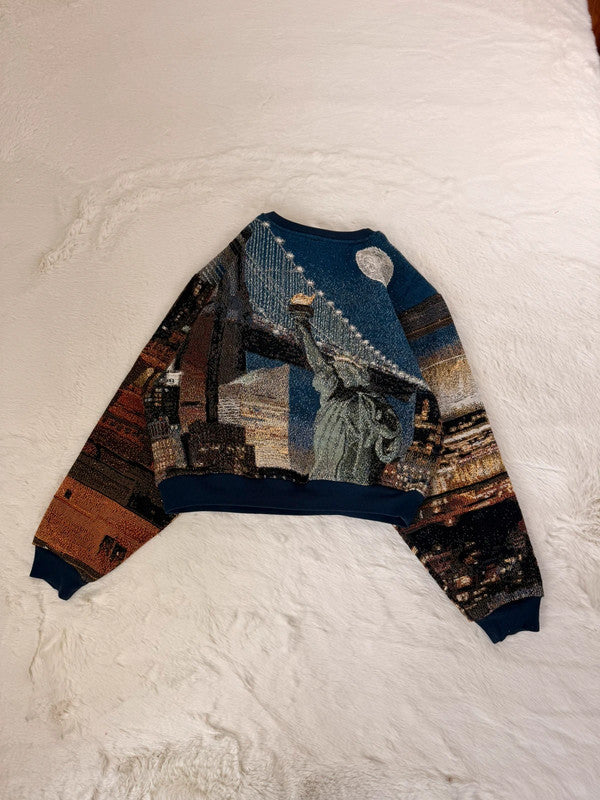 Sweat crewneck en tapisserie ample boxy unisexe unique fait main upcyclé tissé taille XS n•1074