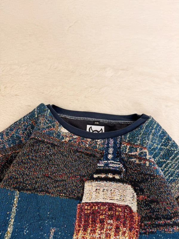 Sweat crewneck en tapisserie ample boxy unisexe unique fait main upcyclé tissé taille XS n•1074