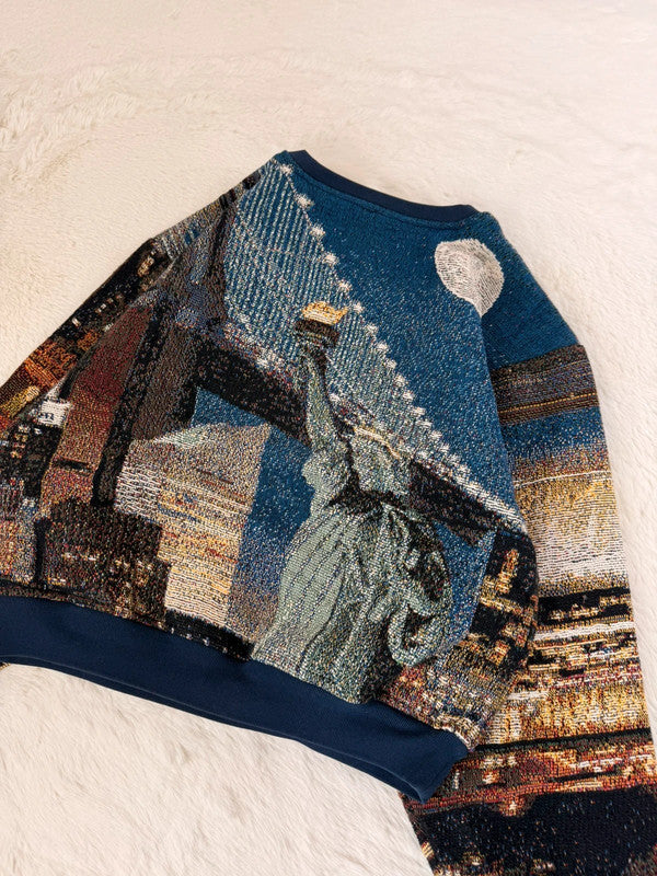 Sweat crewneck en tapisserie ample boxy unisexe unique fait main upcyclé tissé taille XS n•1074