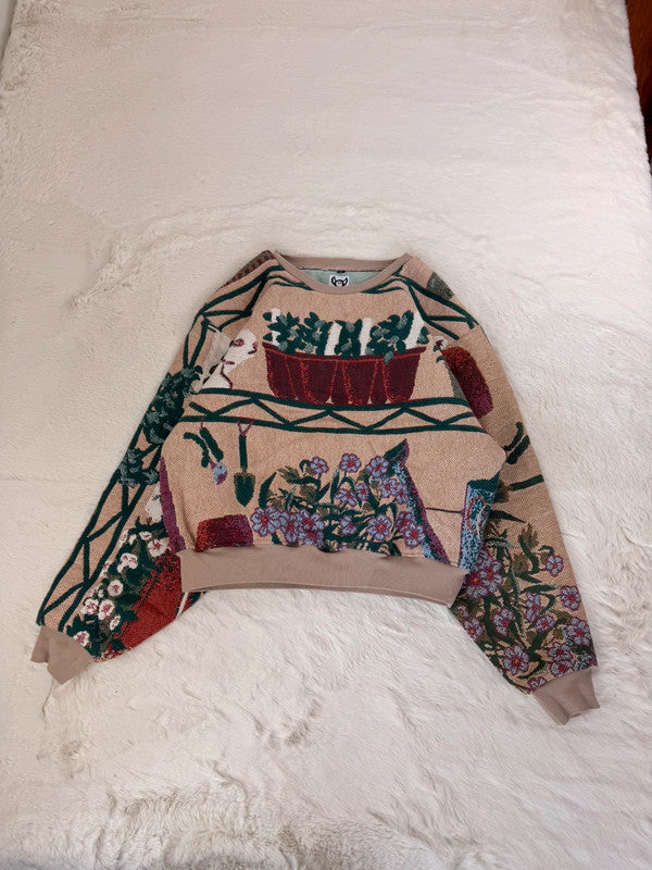 Sweat crewneck en tapisserie ample boxy unisexe unique fait main upcyclé tissé taille L n•1075
