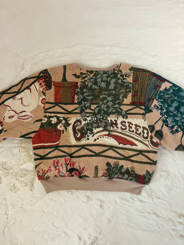 Sweat crewneck en tapisserie ample boxy unisexe unique fait main upcyclé tissé taille L n•1075