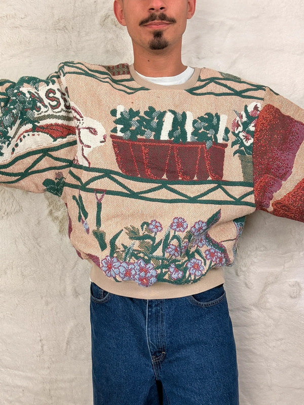 Sweat crewneck en tapisserie ample boxy unisexe unique fait main upcyclé tissé taille L n•1075