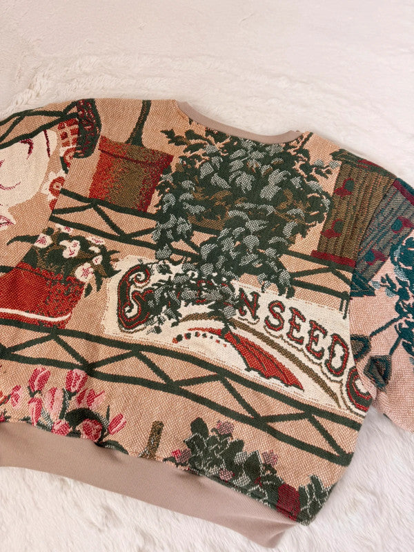 Sweat crewneck en tapisserie ample boxy unisexe unique fait main upcyclé tissé taille L n•1075