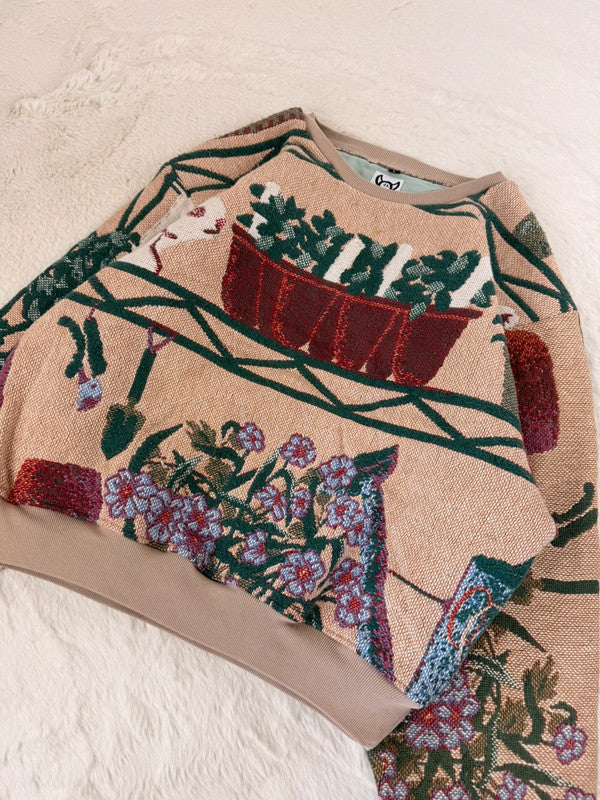 Sweat crewneck en tapisserie ample boxy unisexe unique fait main upcyclé tissé taille L n•1075