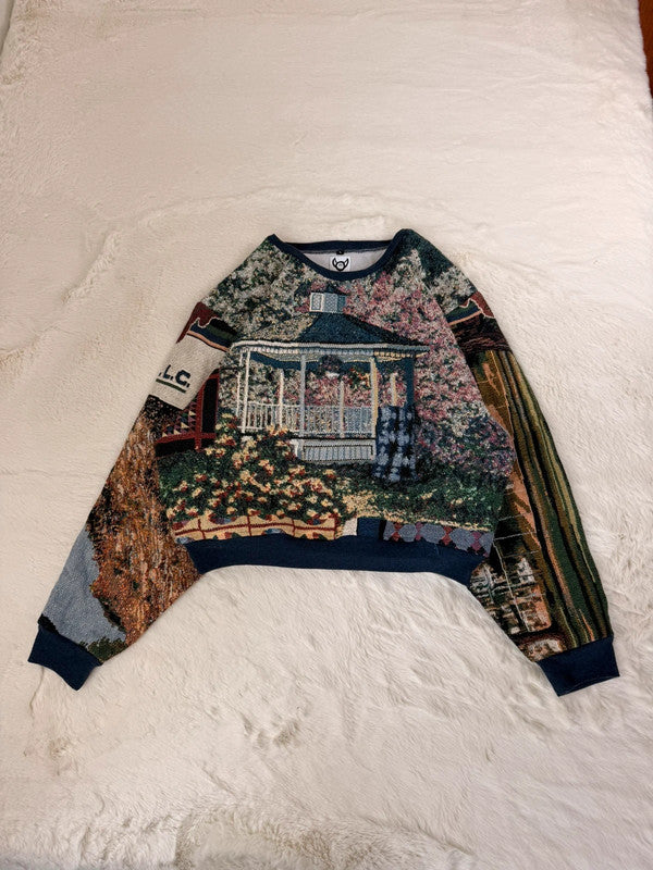 Sweat crewneck en tapisserie ample boxy unisexe unique fait main upcyclé tissé taille L n•1076