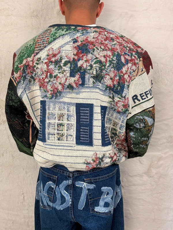 Sweat crewneck en tapisserie ample boxy unisexe unique fait main upcyclé tissé taille L n•1076