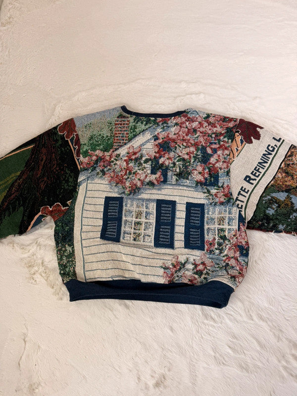 Sweat crewneck en tapisserie ample boxy unisexe unique fait main upcyclé tissé taille L n•1076