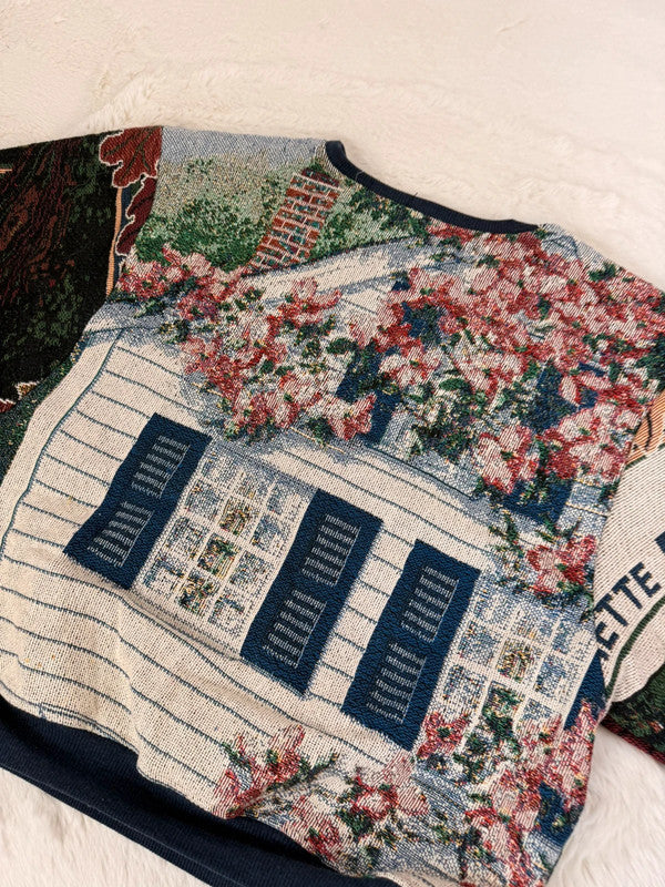 Sweat crewneck en tapisserie ample boxy unisexe unique fait main upcyclé tissé taille L n•1076