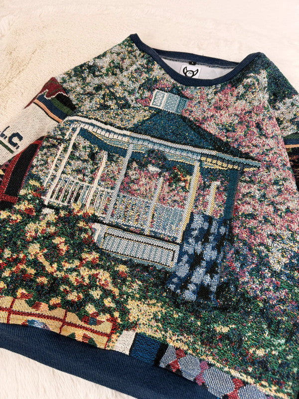 Sweat crewneck en tapisserie ample boxy unisexe unique fait main upcyclé tissé taille L n•1076