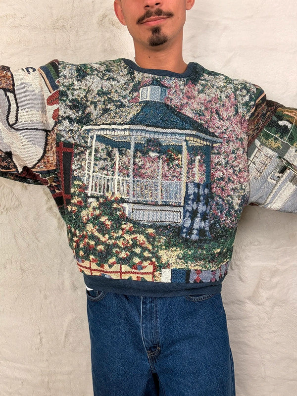 Sweat crewneck en tapisserie ample boxy unisexe unique fait main upcyclé tissé taille L n•1076
