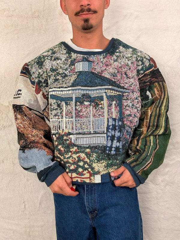 Sweat crewneck en tapisserie ample boxy unisexe unique fait main upcyclé tissé taille L n•1076