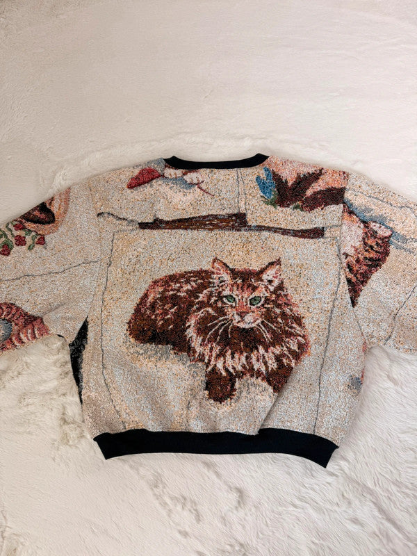 Sweat crewneck en tapisserie ample boxy unisexe unique fait main upcyclé tissé taille XL n•1077