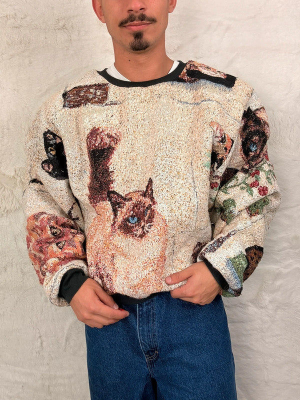 Sweat crewneck en tapisserie ample boxy unisexe unique fait main upcyclé tissé taille XL n•1077