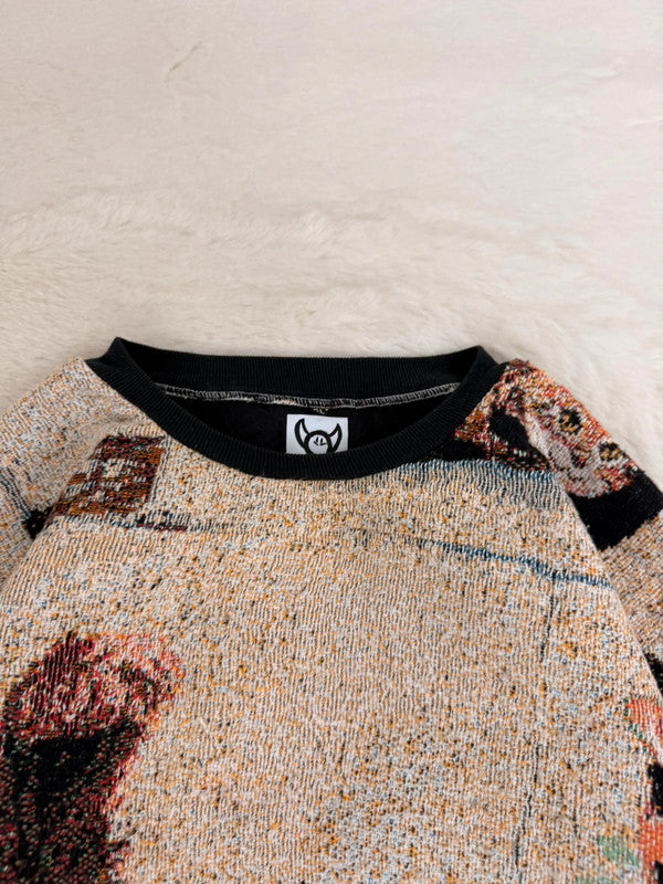 Sweat crewneck en tapisserie ample boxy unisexe unique fait main upcyclé tissé taille XL n•1077