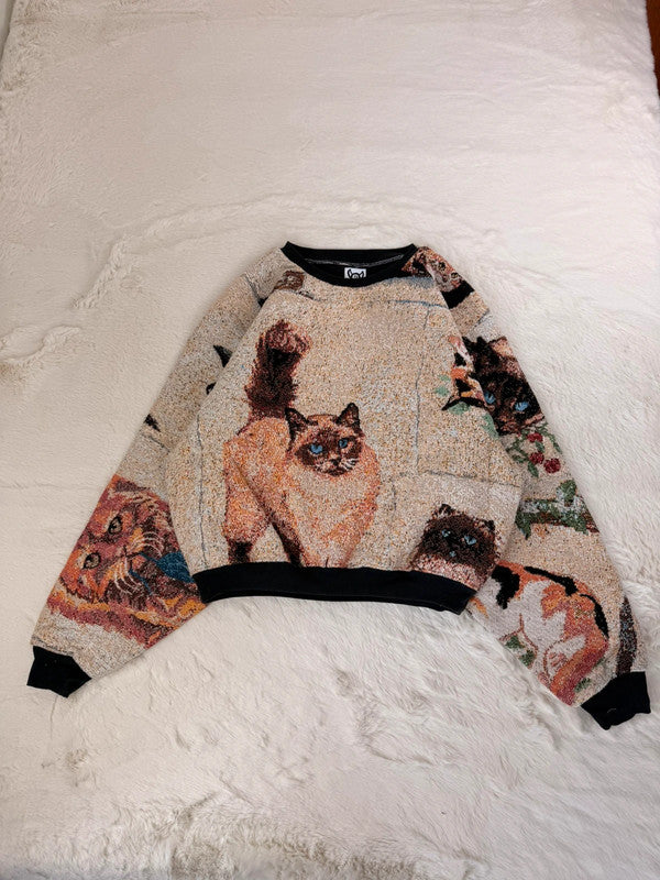 Sweat crewneck en tapisserie ample boxy unisexe unique fait main upcyclé tissé taille XL n•1077