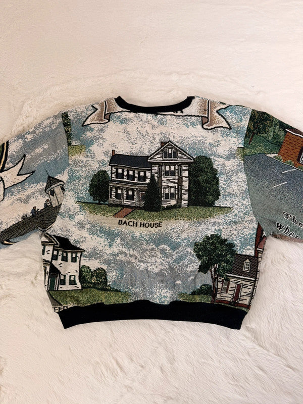 Sweat crewneck en tapisserie ample boxy unisexe unique fait main upcyclé tissé taille L n•1078